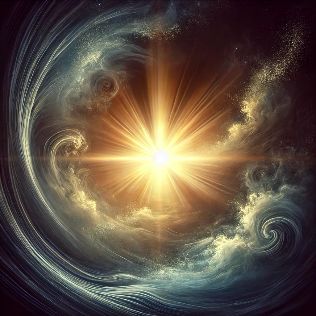 A serene, glowing light emerges from a dark background with soft, swirling patterns, symbolizing hope and divine power overcoming challenges. The image evokes peace, calm, and spiritual reflection