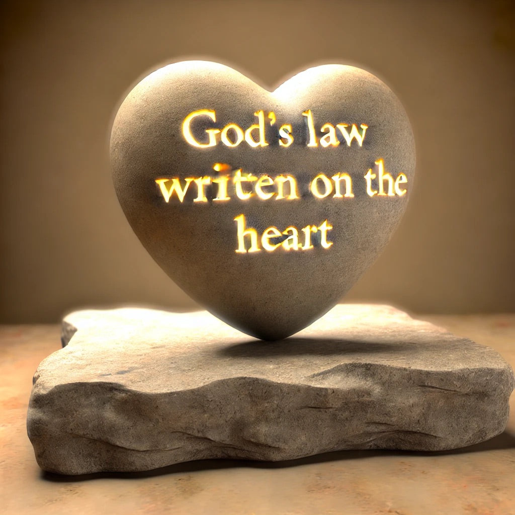 Alt Text: A heart-shaped stone with glowing engraved text symbolizing God's law written on the heart, resting on a weathered yet solid foundation that represents unwavering faith in Christ.