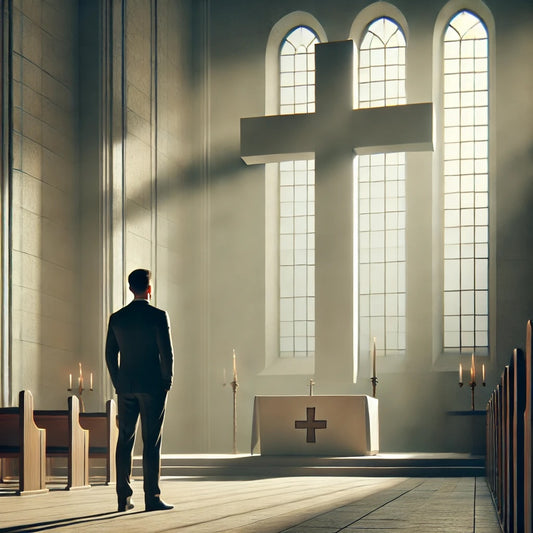 A modern man stands alone in a serene, softly lit church, gazing intently at a large cross at the altar. Sunlight streams through stained glass windows, casting gentle shadows. The mood is contemplative, emphasizing sincere reflection and devotion.