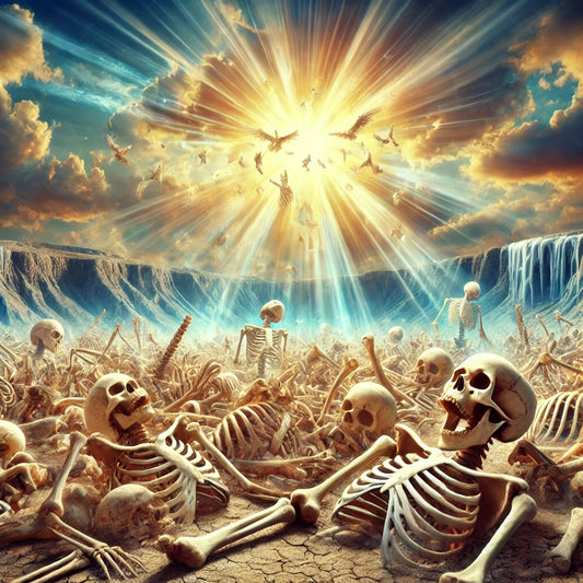 A valley of sun-bleached bones begins reassembling into human forms as a divine light descends. The scene symbolizes resurrection and renewal, with a bright sky breaking through dark clouds.