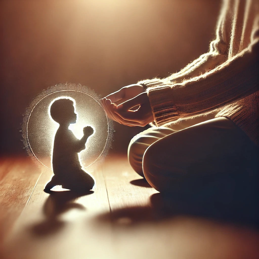 A person kneels in prayer with soft light shining down, symbolizing God's mercy and choosing life. In the background, a silhouette of a child holding an adult's hand represents childlike faith and trust.