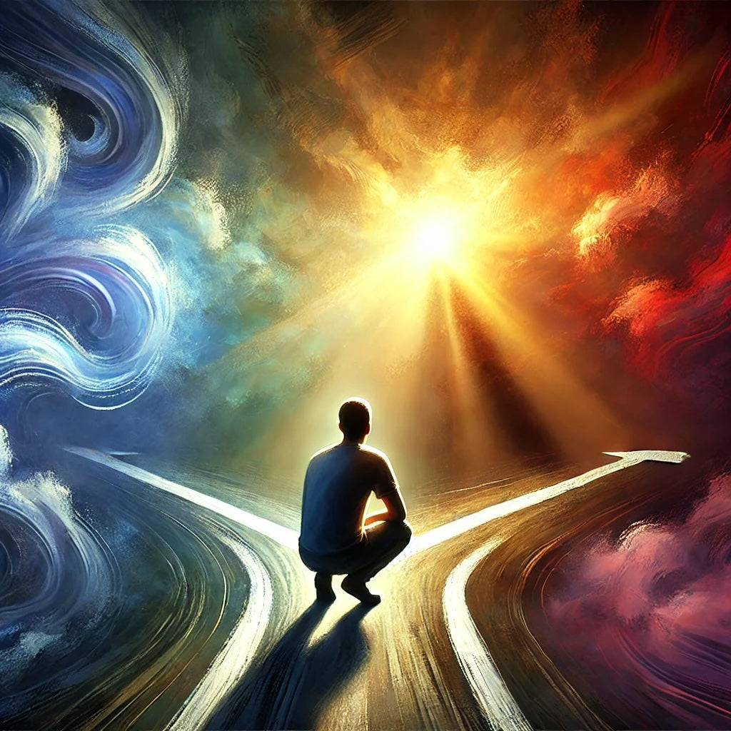 A person stands at a crossroad, contemplating which path to take. One path leads toward a bright, inviting light, while the other fades into shadowy uncertainty. The image symbolizes the difficult choices of faith and commitment.