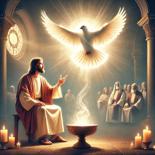 Jesus Christ teaches with authority in a humble setting, a dove symbolizing the Holy Spirit hovers above, surrounded by light. A crowd in the background is astonished, reflecting Christ’s divine wisdom and power.