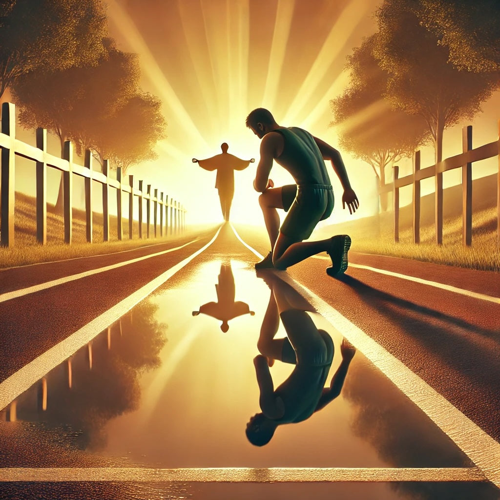 A runner on a race track symbolizes the disciplined journey of faith, with a cross in the distance and a reflective pool along the path. The warm golden light adds a sense of divine hope.