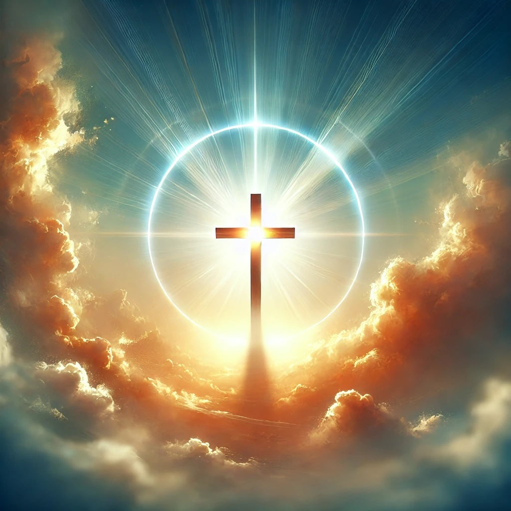 An artistic representation of the Exaltation of the Holy Cross, featuring a glowing cross against a serene sunrise background. Radiant light surrounds the cross, with soft clouds parting, symbolizing hope, redemption, and spiritual triumph.