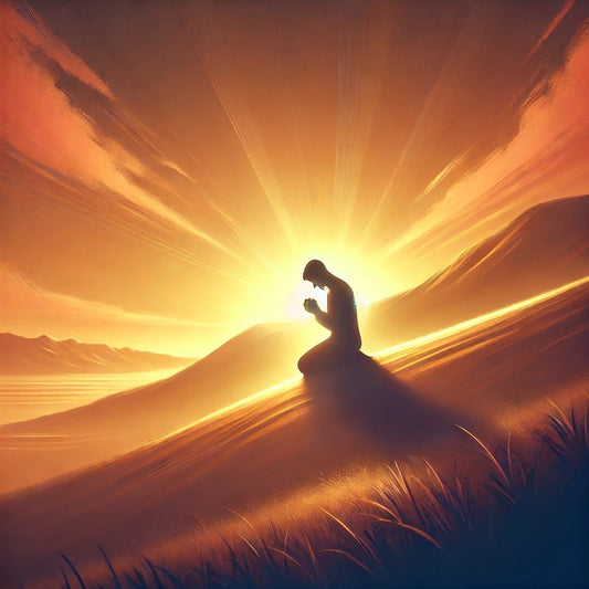 A golden-lit hillside with a kneeling figure in prayer, symbolizing faith and humility under a glowing sky that represents God's boundless mercy.