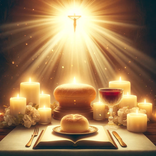 A serene image of a table set with a glowing loaf of bread and a cup of wine, symbolizing the Eucharist. Soft, warm light shines down, creating a sacred atmosphere of spiritual nourishment and divine wisdom.