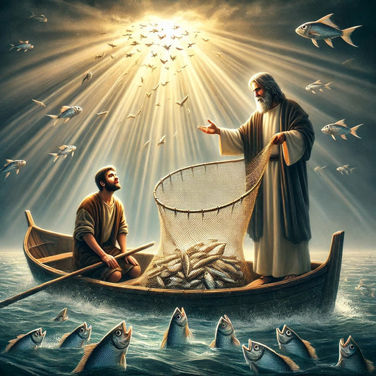 Jesus stands in a boat with Simon Peter, directing him to cast his net into deep waters. The net is full of fish, symbolizing abundance, while Peter kneels in humility. Heavenly light represents divine wisdom and guidance.