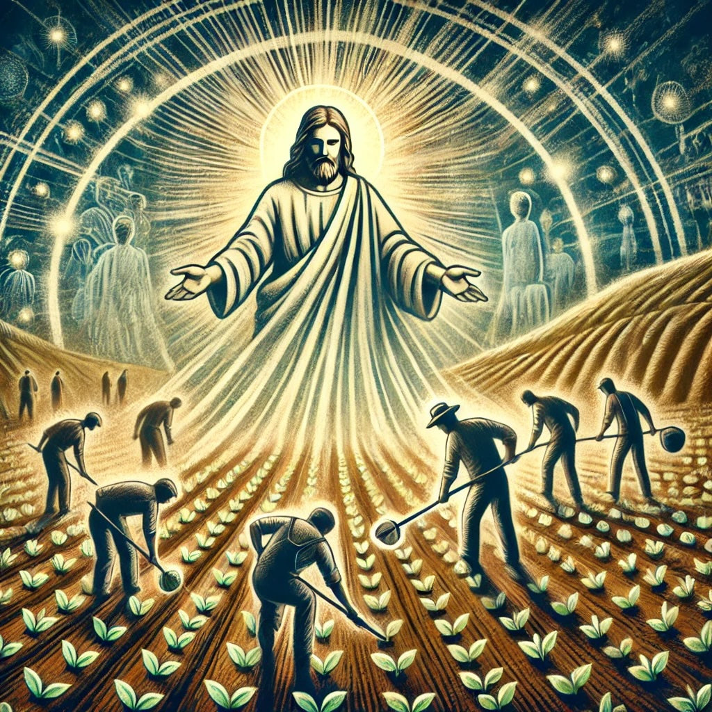 Symbolic image of workers nurturing a field under God’s light, representing unity and growth in God’s work. In the background, Jesus is healing people, highlighting His divine authority and care.