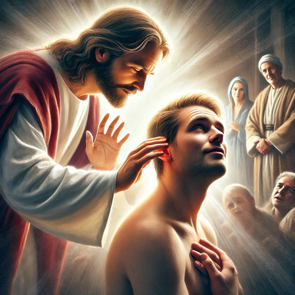 Jesus heals a deaf man by gently touching his ears, with a soft light symbolizing divine power and restoration. Onlookers in the background witness the moment of transformation and spiritual awakening.