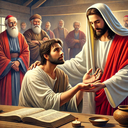 Jesus heals a man with a withered hand on the Sabbath. The man extends his healed hand in gratitude while the Pharisees observe with disapproval in the background. The image highlights divine mercy and the triumph of compassion over rigid legalism.