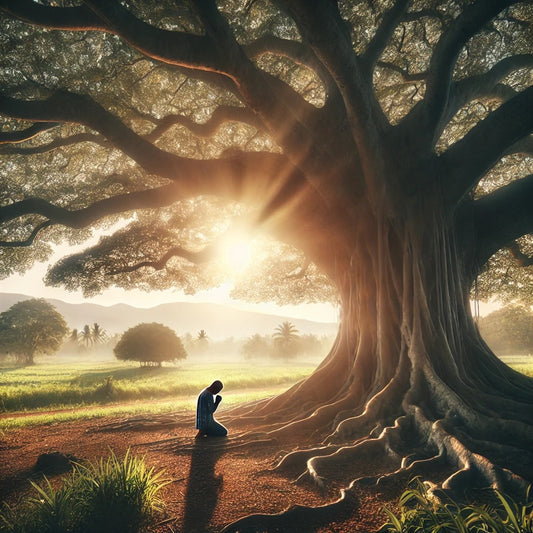 A person kneels in prayer at the base of a large, ancient tree with sunlight filtering through the branches. The serene setting, with soft greenery and distant mountains, symbolizes humility and connection with God.