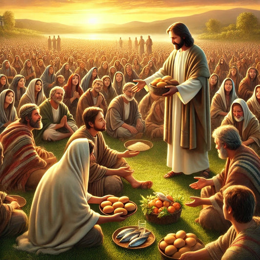 **Alt Text:**  Jesus, surrounded by a large crowd, blesses and distributes loaves of bread and fish, symbolizing the miracle of feeding the 5,000. The scene is set in a serene landscape at sunset, with people gratefully receiving the food.