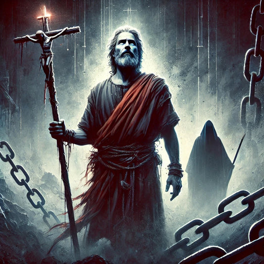 John the Baptist stands firm, holding a cross-topped staff against a dark backdrop, symbolizing unwavering commitment to God's truth. Chains in the background represent the consequences of his bold witness.