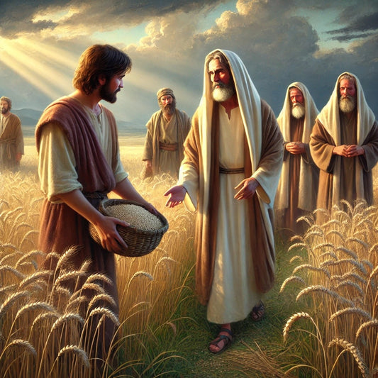 Jesus and His disciples walk through a field on the Sabbath, plucking grain as the Pharisees disapprove in the background. The scene highlights Jesus’ authority and the contrast between compassion and legalism.