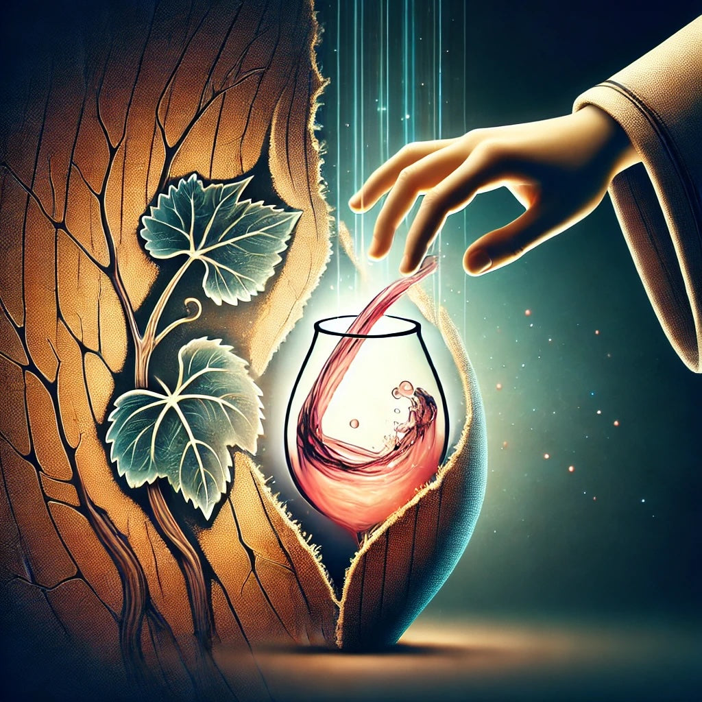 Symbolic image of a fresh wineskin being filled with new wine, contrasted with an old, cracked wineskin in the background. The new wineskin glows subtly, representing divine grace and spiritual transformation in Christ.