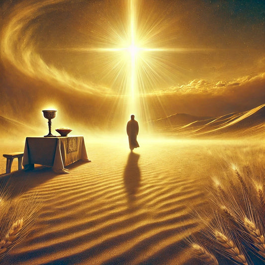 A peaceful scene of a lone traveler walking through a vast desert. The traveler moves onward from a table with bread and wine, symbolizing the Eucharist, continuing their spiritual journey.