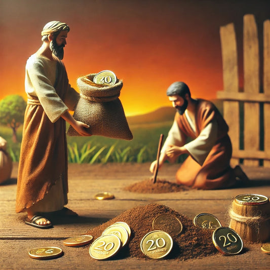 An image of a servant presenting coins to his master, symbolizing faithful use of talents. In the background, another servant buries his talent, highlighting neglect. The warm setting emphasizes stewardship.