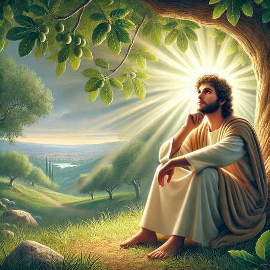 Nathanael, also known as Bartholomew, sits thoughtfully under a fig tree, illuminated by a gentle divine light. The peaceful scene features lush greenery and a distant view of Jerusalem, symbolizing faith and revelation.