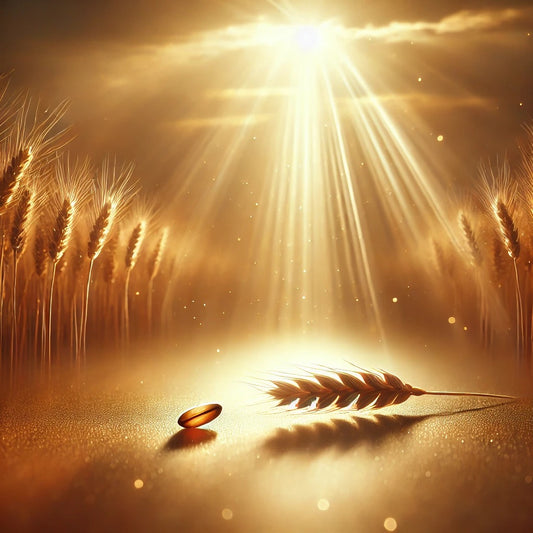 A peaceful golden wheat field at sunset, with a single grain of wheat falling to the ground. Soft light shines through, symbolizing divine blessing and the spiritual abundance of sacrifice.