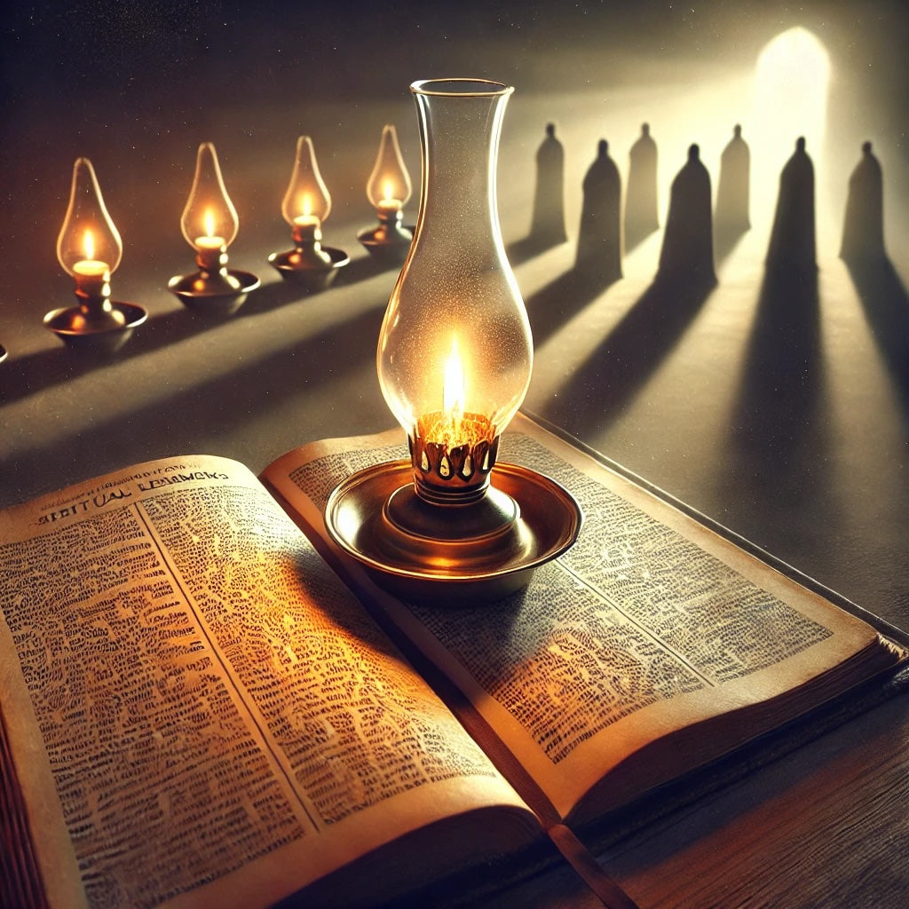 An image of a glowing oil lamp illuminating an open Bible, symbolizing vigilance and preparation. Soft light suggests the bridegroom’s arrival, while unlit lamps in shadow represent the unprepared.