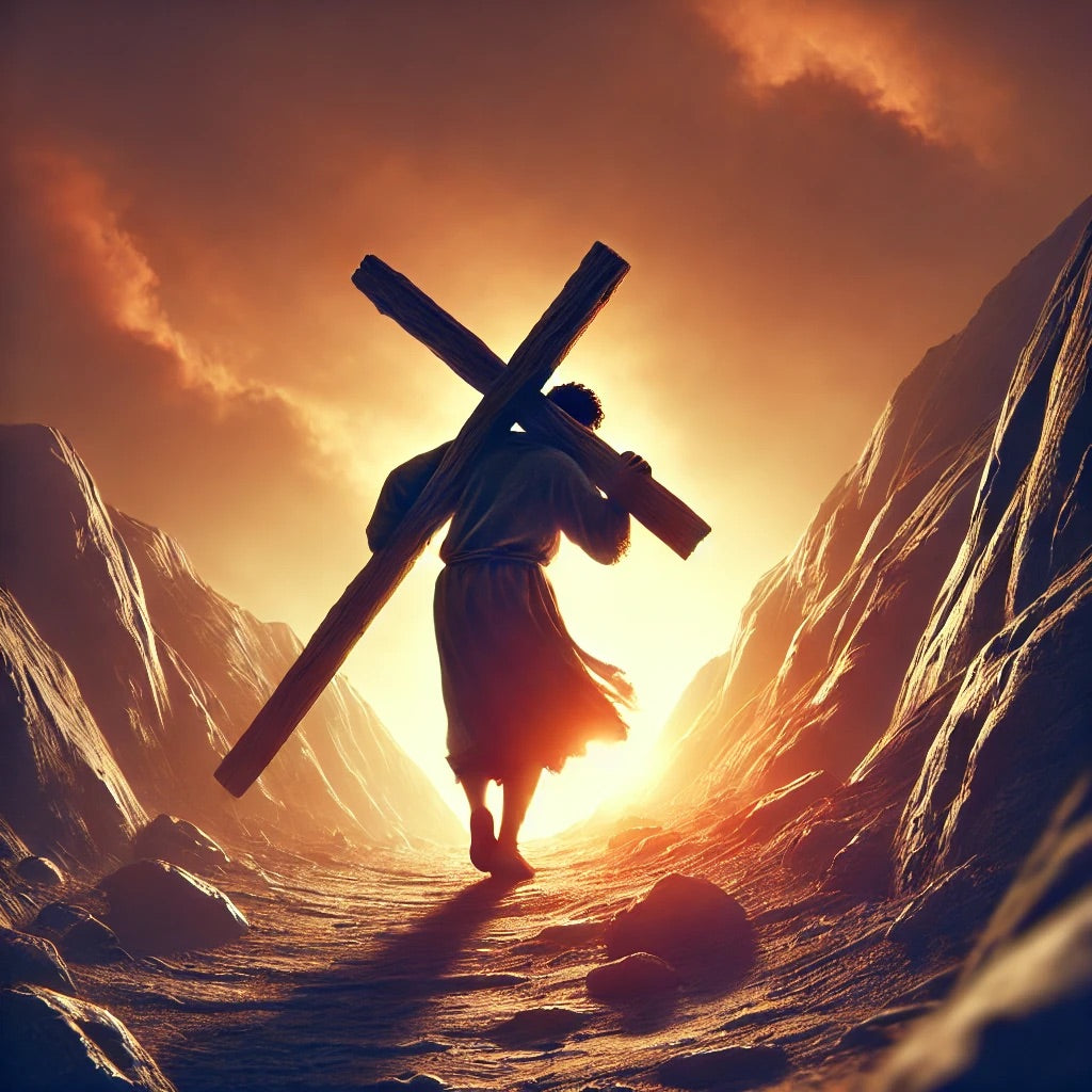 **Alt Text:** A person carrying a cross on their back while walking along a rocky path at sunset, symbolizing the challenges and sacrifices of following Christ with determination and faith.