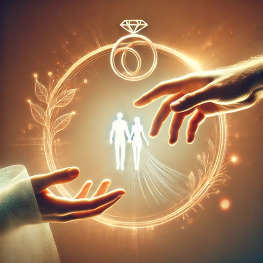 Two hands extend toward each other, surrounded by a warm, glowing light, symbolizing commitment and faithfulness. In the background, a faint marriage ring represents the sanctity of relationships, highlighting themes of mercy and enduring love.