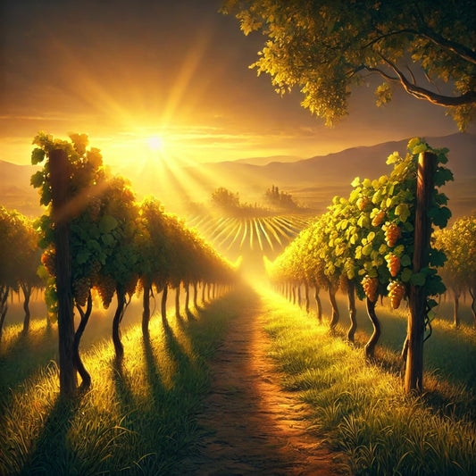 A serene vineyard at sunrise, with grapevines stretching into the distance. Dawn’s soft light symbolizes divine mercy. A peaceful path invites reflection on God’s generous and boundless grace.