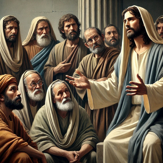 Jesus, with a stern yet compassionate expression, addresses the scribes and Pharisees. The ancient setting emphasizes the tense mood as Jesus rebukes their hypocrisy, urging them to embrace true faithfulness.