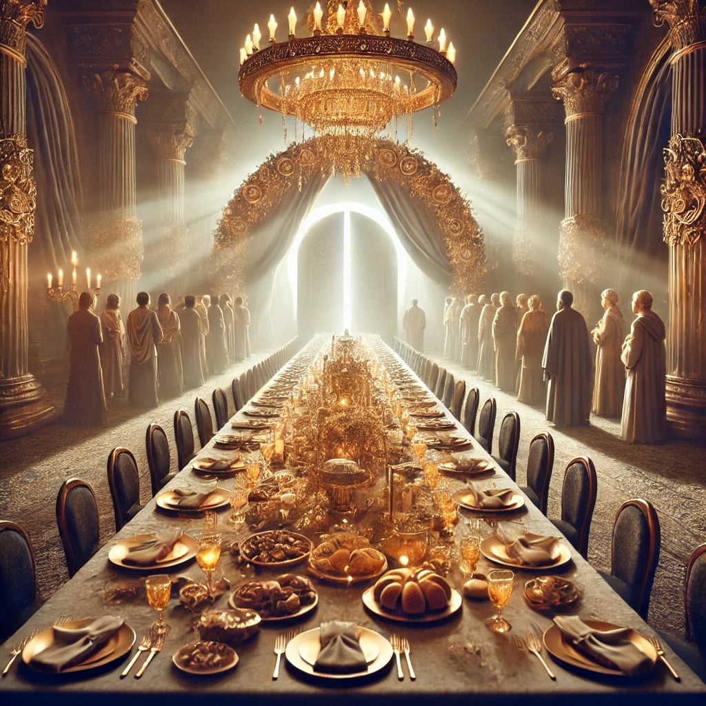 A grand wedding feast with a banquet table of food and gold decorations. Warm light illuminates guests in elegant attire, symbolizing an invitation to God’s grace and renewal. An open door invites reflection on divine mercy.