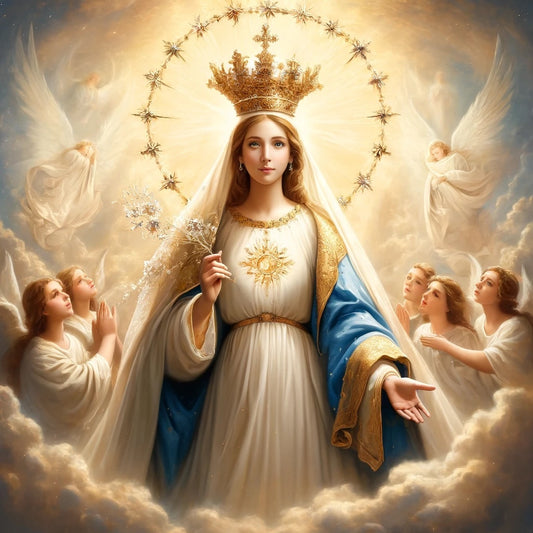 A radiant image of the Blessed Virgin Mary crowned as Queen of Heaven, holding a scepter, surrounded by adoring angels. Mary is dressed in white and blue robes, with a serene, divine light emanating around her.