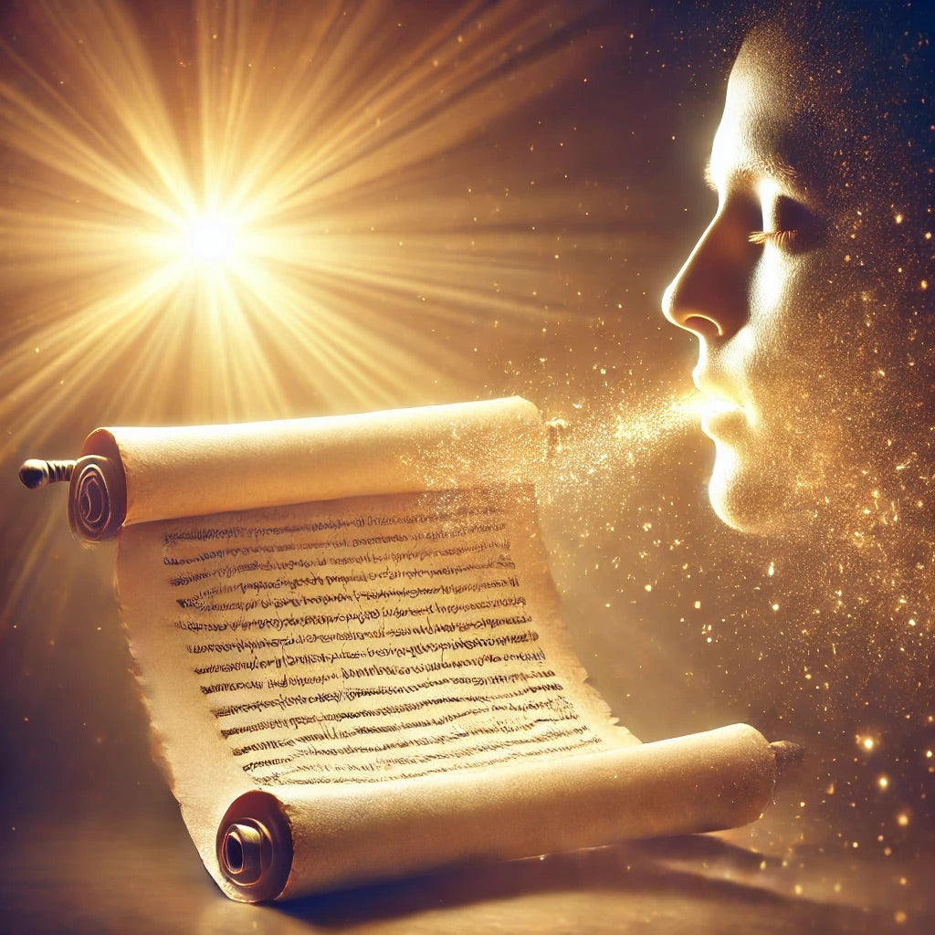 A serene scene depicting a person with a peaceful expression consuming a glowing scroll, symbolizing the sweetness of God's word. The background is illuminated with a warm, divine light, emphasizing the transformative power of scripture.