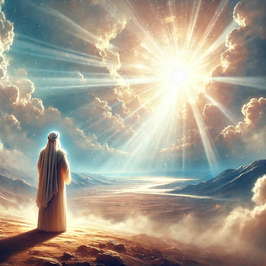 A majestic scene where a prophet stands in awe, gazing at radiant light emerging from a cloudy sky, symbolizing God's presence. Soft rays of light illuminate a vast landscape, conveying divine glory and power