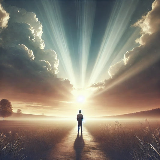 A person stands in a serene field at sunset, gazing at the sky as rays of light break through the clouds, symbolizing divine blessings and trust in God's eternal plan for inner peace and reflection.