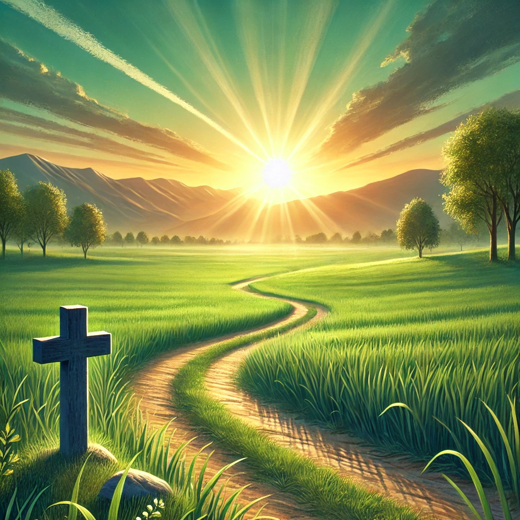 A peaceful landscape with a path leading towards a radiant sunrise, featuring a small cross in the foreground. The scene is surrounded by lush green fields and distant mountains under a clear sky, symbolizing faith, hope, and divine guidance.