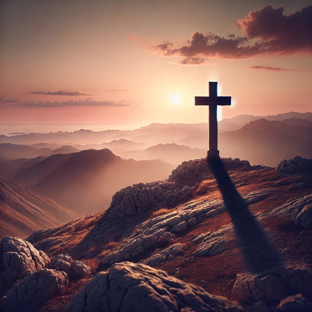 A solitary cross stands on a rocky hilltop at sunrise, casting a long shadow. The sky glows with pink and orange hues, symbolizing hope and sacrifice, with distant mountains enhancing the serene atmosphere.