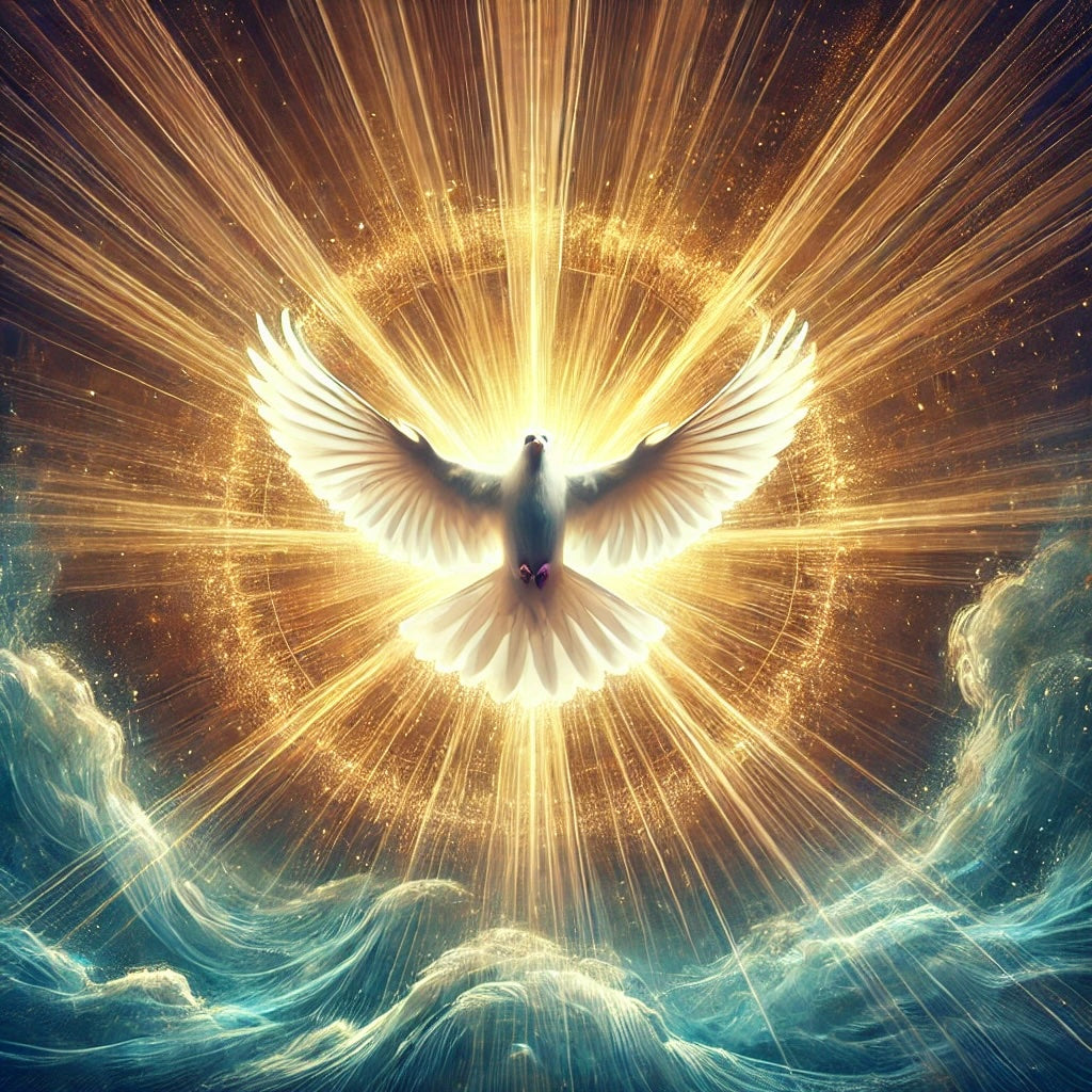 A powerful image of the Holy Spirit descending as a radiant dove, surrounded by rays of light, against a background of deep blues and warm golds, symbolizing divine power, wisdom, and spiritual awakening.