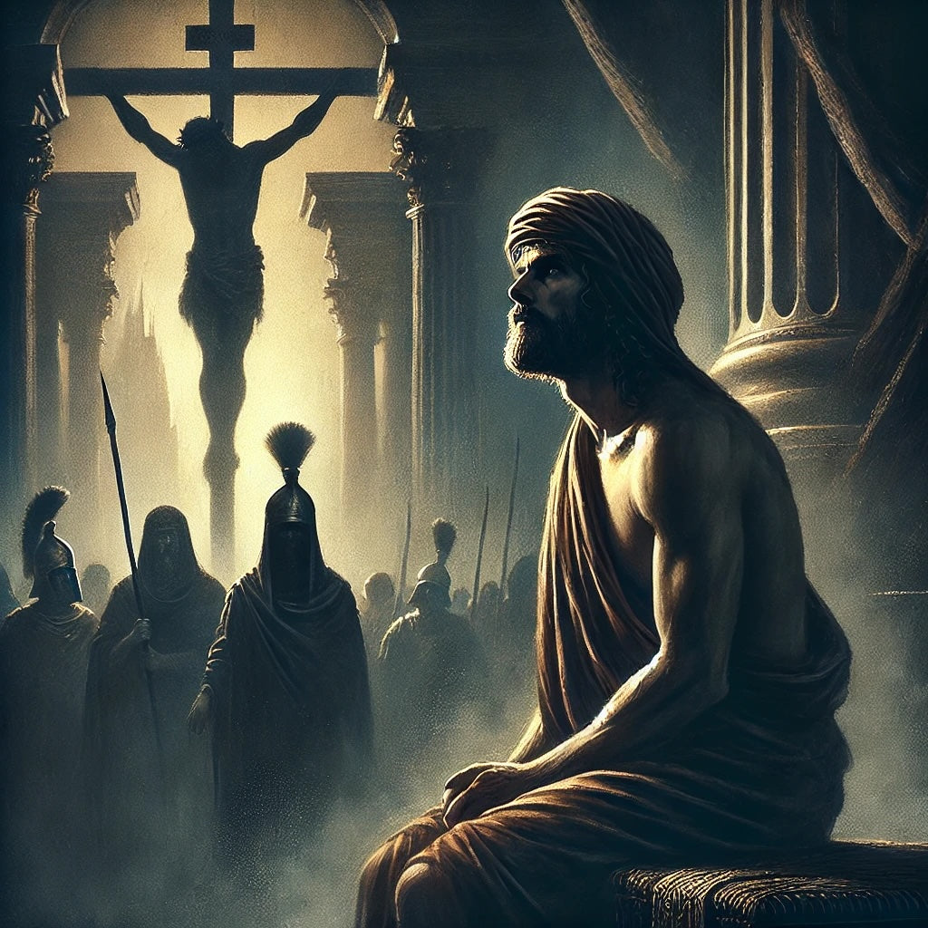 **Alt Text:**  A contemplative man sits in darkness, gazing toward a figure crucified on a cross in the background. Roman soldiers stand guard in a solemn atmosphere, highlighting the gravity of the scene.