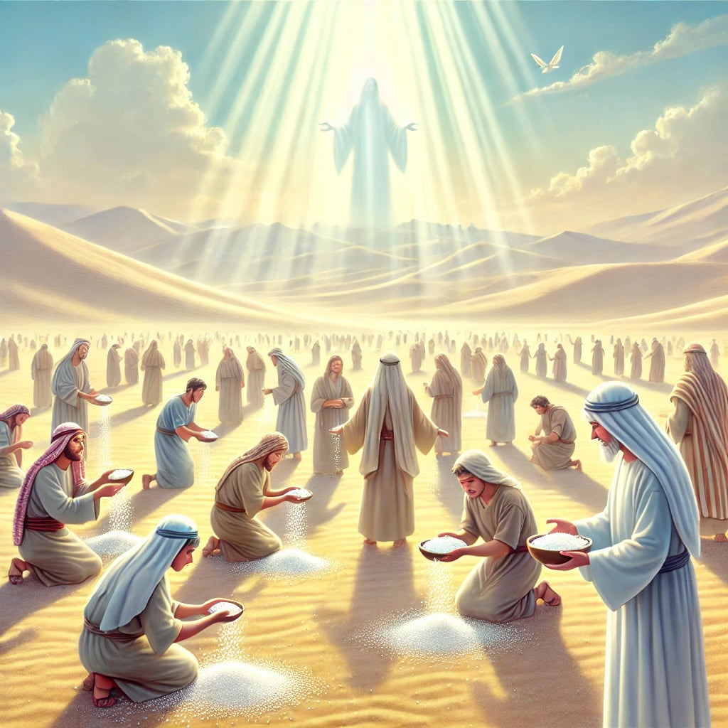 **Alt Text:**  A divine figure appears in the sky, radiating beams of light onto a group of people gathering manna in a desert landscape. The figures kneel and collect the miraculous bread with reverence and gratitude.