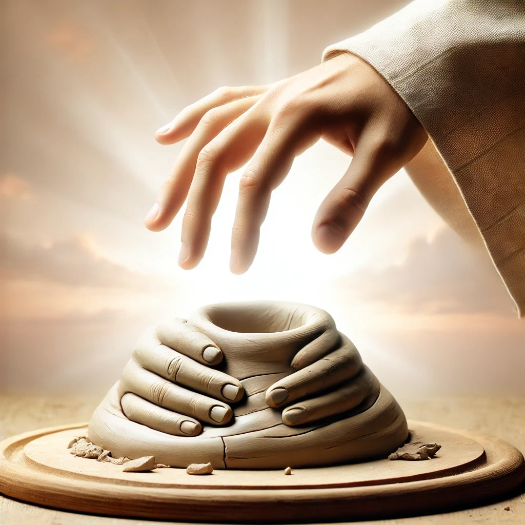 an image that represents a piece of clay being molded by a pair of hands, symbolizing the process of being shaped by God's will. 