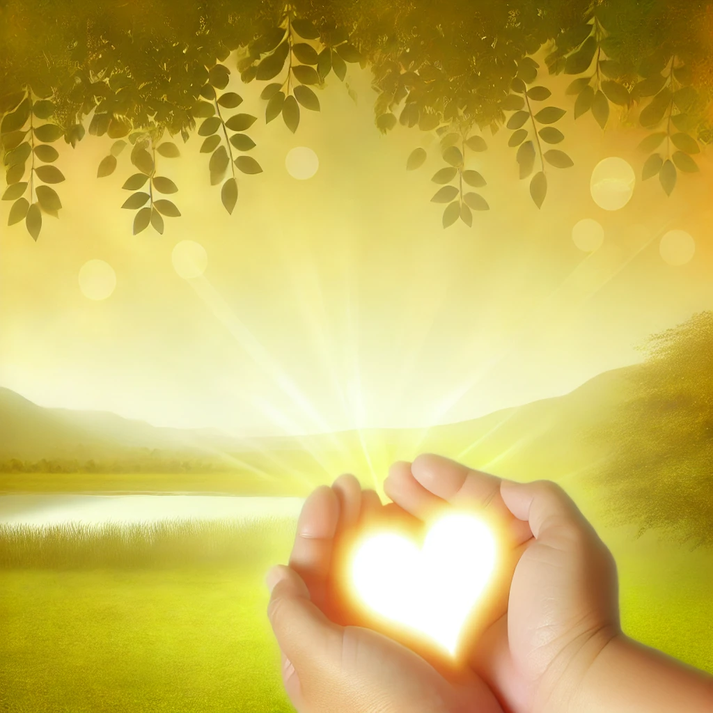 A serene and peaceful landscape depicting the concept of love, featuring soft golden light filtering through lush greenery. In the foreground, hands gently hold a glowing heart, radiating warmth and light, symbolizing nurturing and divine love.