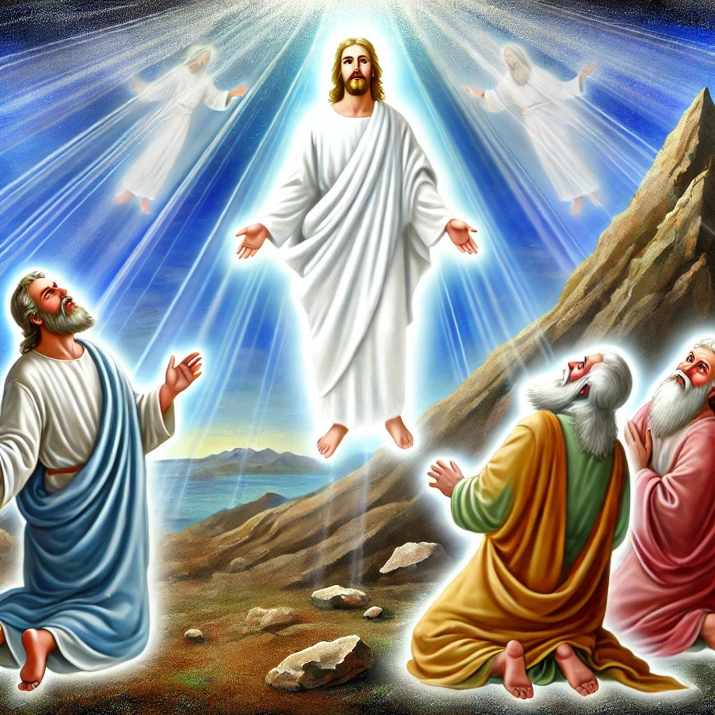 **Alt Text:**  The Transfiguration of Jesus, where He is shown in radiant white, ascending with beams of light shining from above. Three disciples kneel in awe on a mountain, witnessing the divine moment with reverence.