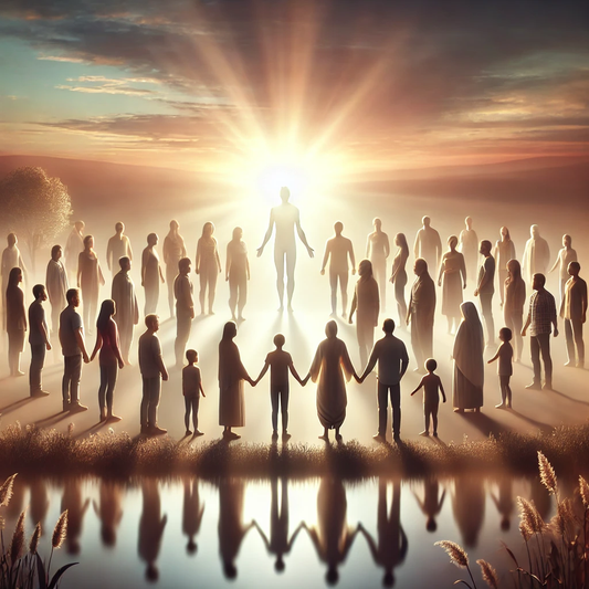 A serene image of a diverse group of people standing together in harmony, illuminated by a soft sunrise, symbolizing unity in diversity and spiritual connection.