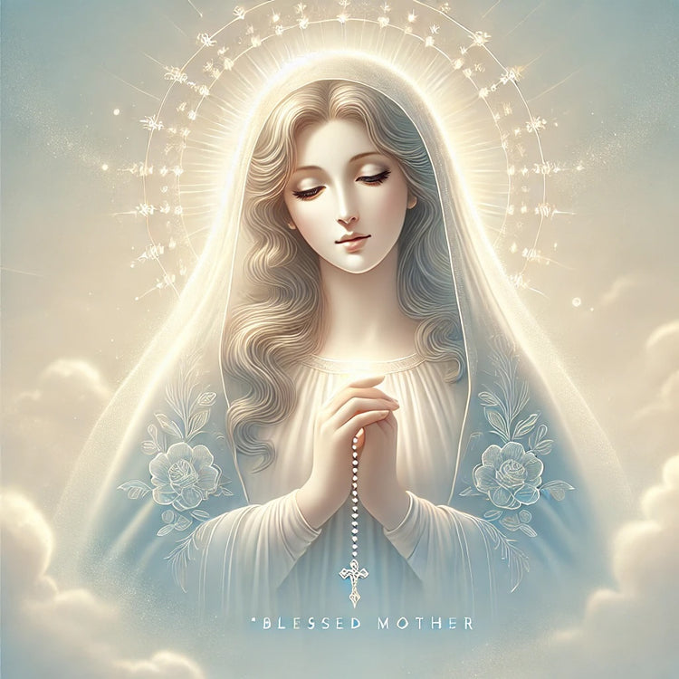 A serene image of the Virgin Mary with a gentle expression, surrounded by soft, glowing light. She is portrayed in a prayerful position, symbolizing divine grace, maternal love, and spiritual protection.