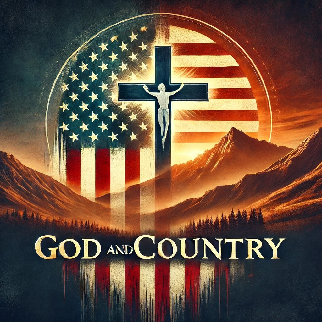 A patriotic image featuring the American flag alongside a prominent cross, set against a serene landscape with a sunrise over mountains. The design symbolizes the unity of faith and national pride.