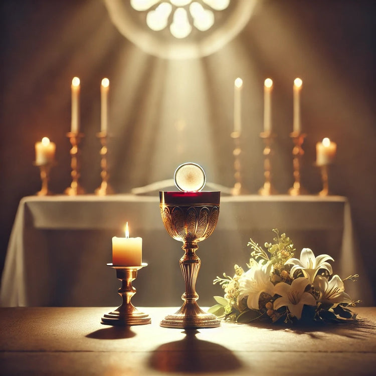 A reverent scene of the Holy Eucharist, featuring a detailed chalice with wine and a host above it, softly lit on a simple altar adorned with candles and fresh flowers, evoking peace and devotion in a church setting.