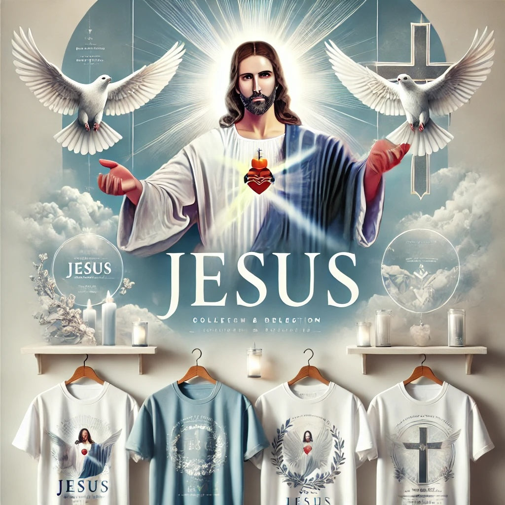 Christian-themed apparel collection featuring t-shirts with Jesus, a cross, and doves. The "Jesus" collection has a soft blue and white background, symbolizing faith, love, peace, and spirituality.