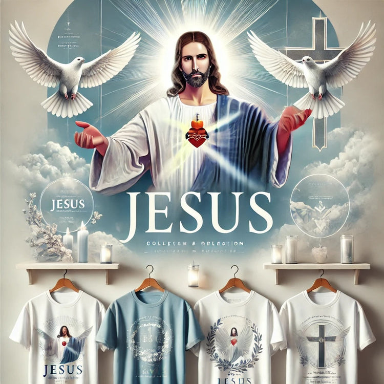 Christian-themed apparel collection featuring t-shirts with Jesus, a cross, and doves. The "Jesus" collection has a soft blue and white background, symbolizing faith, love, peace, and spirituality.