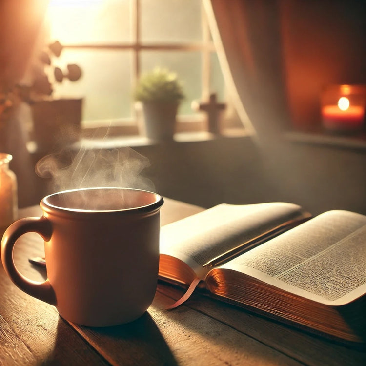 A cozy scene with a steaming coffee cup on a table beside an open Bible. Soft morning light filters through a nearby window, creating a peaceful atmosphere ideal for reflection and morning devotions.