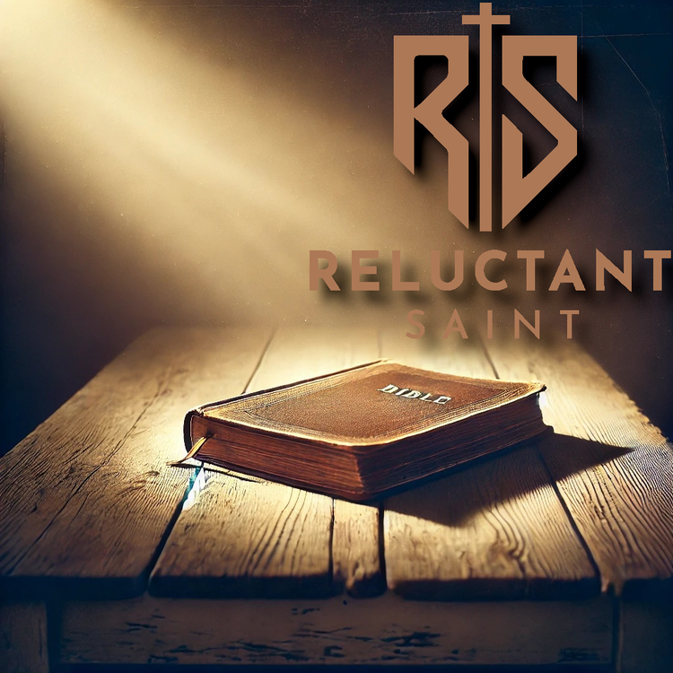 Reluctant Saint logo beside a weathered, bound Bible on a rustic, worn table.